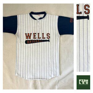 Vintage | Pinstriped Vintage Baseball SS Henley - Navy & Orange / Sz S